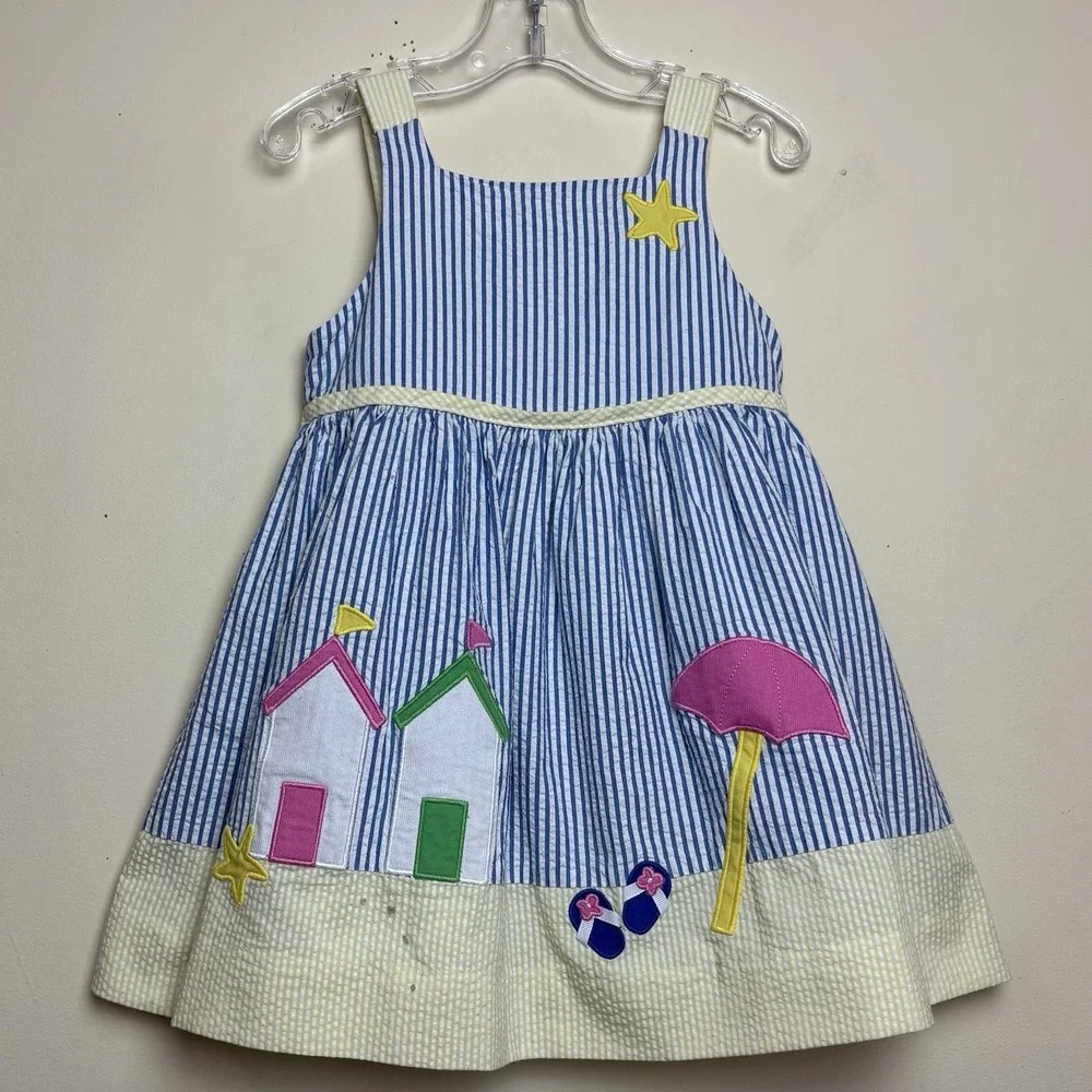 Florence Eiseman Blue Yellow Seersucker Beach Starfish Dress Size 3T **READ**